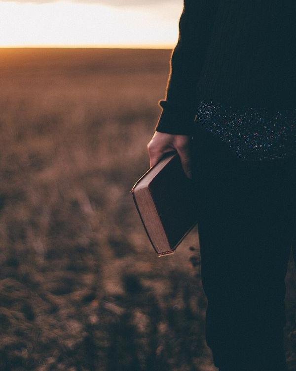 A person carrying a Bible at their side, walking in open country at sunset.